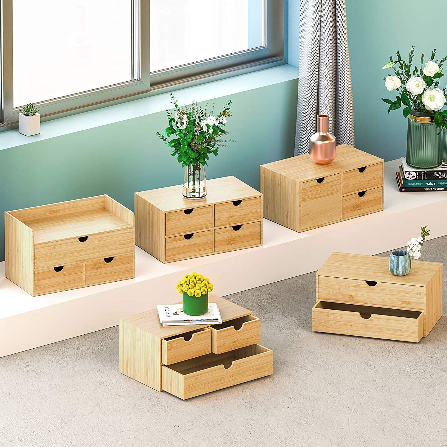 Bamboo Desk Drawer Organizer, 2 Drawer Desktop Organizer with Drawers Tabletop Storage Organization Box for Office Home Toiletries Supplies Vanity, No Assembly Required