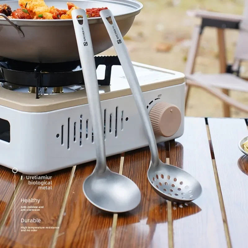 Outdoor Long Handle Titanium Soup Ladle Skimmer Kits Slotted Spoon Food Strainer Serving Colander Hot Pot Tableware Lightweight