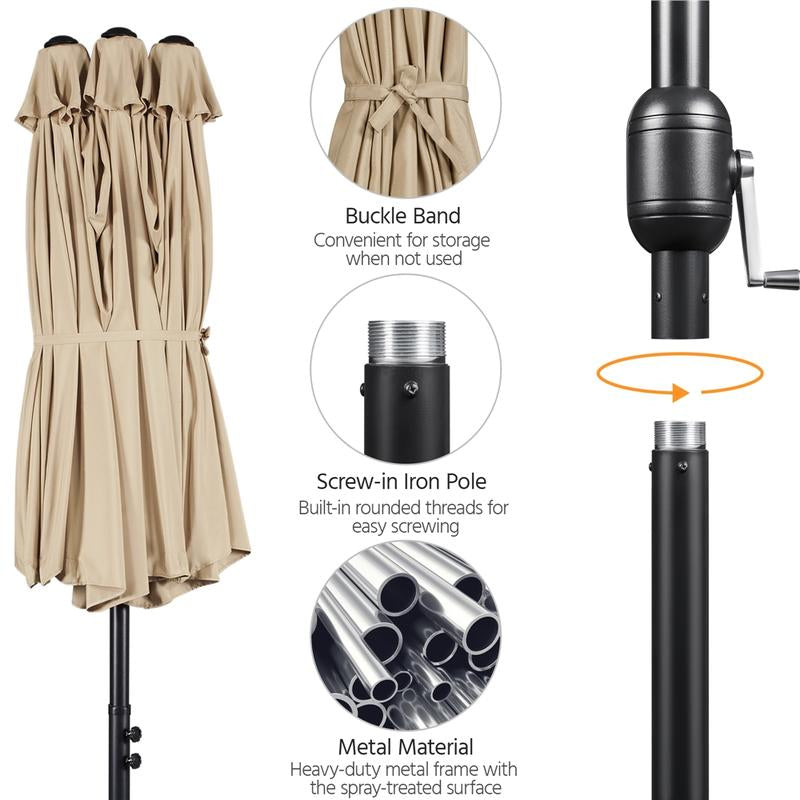 【On Sale】Yaheetech 15/13Ft Heavy Duty Canopy Double Layer Cloth Patio Umbrella with 12 Ribs Hand Crank for Easy Opening 2 Sandbags Outdoor Design for Garden Pool and Lawn