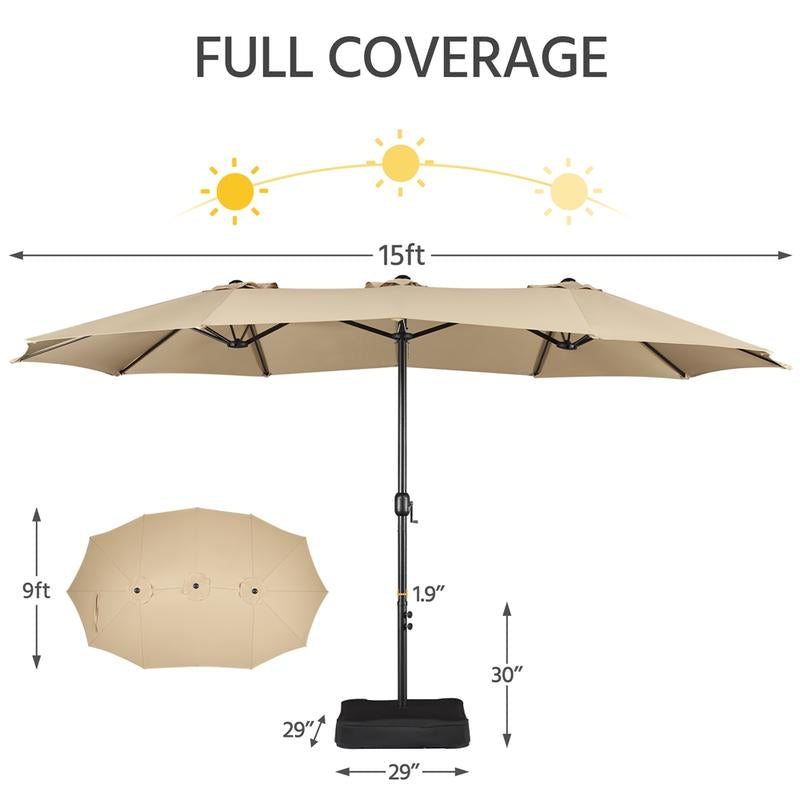 【On Sale】Yaheetech 15/13Ft Heavy Duty Canopy Double Layer Cloth Patio Umbrella with 12 Ribs Hand Crank for Easy Opening 2 Sandbags Outdoor Design for Garden Pool and Lawn