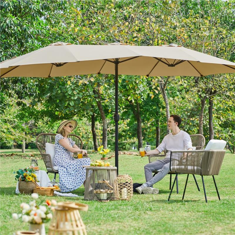 【On Sale】Yaheetech 15/13Ft Heavy Duty Canopy Double Layer Cloth Patio Umbrella with 12 Ribs Hand Crank for Easy Opening 2 Sandbags Outdoor Design for Garden Pool and Lawn