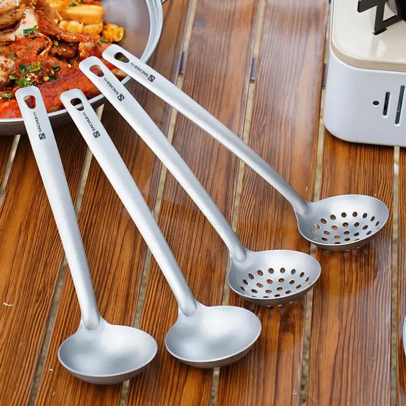 Outdoor Long Handle Titanium Soup Ladle Skimmer Kits Slotted Spoon Food Strainer Serving Colander Hot Pot Tableware Lightweight