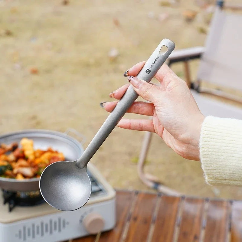 Outdoor Long Handle Titanium Soup Ladle Skimmer Kits Slotted Spoon Food Strainer Serving Colander Hot Pot Tableware Lightweight