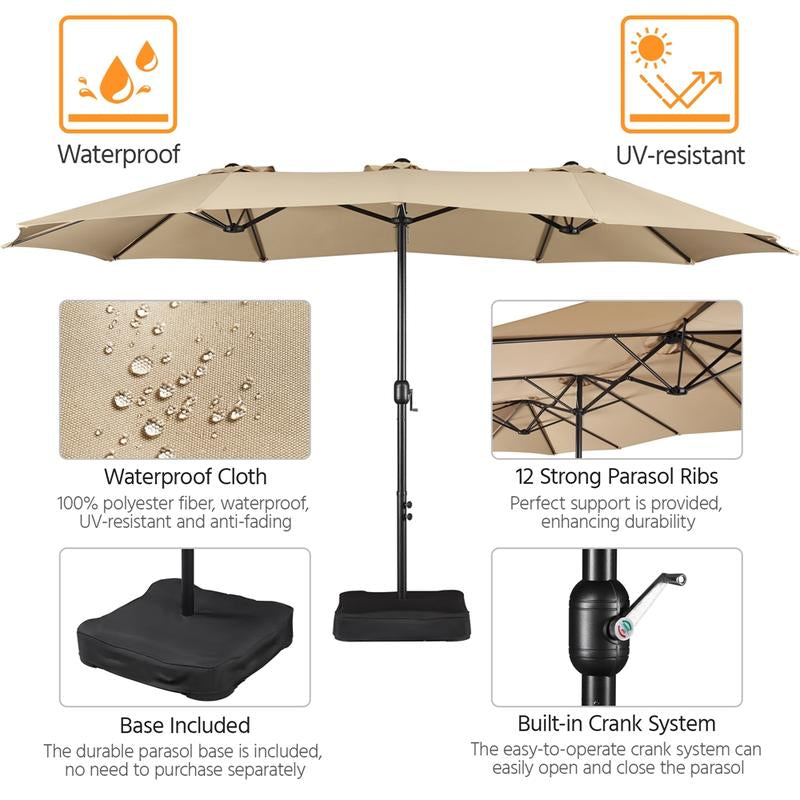 【On Sale】Yaheetech 15/13Ft Heavy Duty Canopy Double Layer Cloth Patio Umbrella with 12 Ribs Hand Crank for Easy Opening 2 Sandbags Outdoor Design for Garden Pool and Lawn
