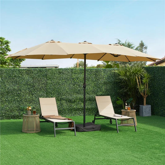 【On Sale】Yaheetech 15/13Ft Heavy Duty Canopy Double Layer Cloth Patio Umbrella with 12 Ribs Hand Crank for Easy Opening 2 Sandbags Outdoor Design for Garden Pool and Lawn