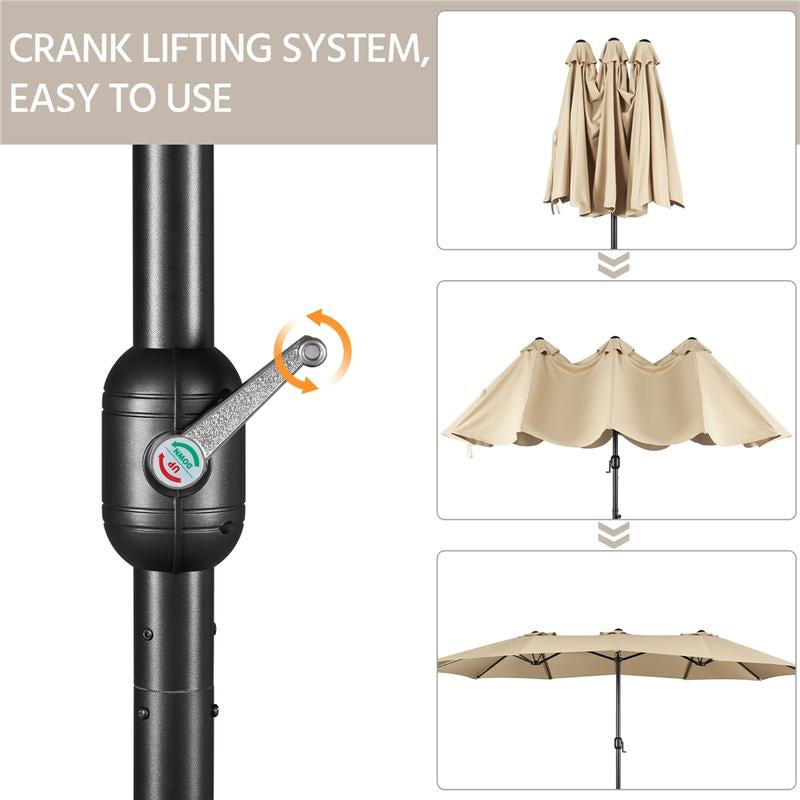 【On Sale】Yaheetech 15/13Ft Heavy Duty Canopy Double Layer Cloth Patio Umbrella with 12 Ribs Hand Crank for Easy Opening 2 Sandbags Outdoor Design for Garden Pool and Lawn