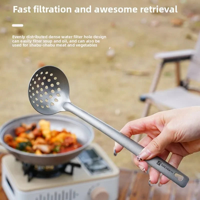 Outdoor Long Handle Titanium Soup Ladle Skimmer Kits Slotted Spoon Food Strainer Serving Colander Hot Pot Tableware Lightweight