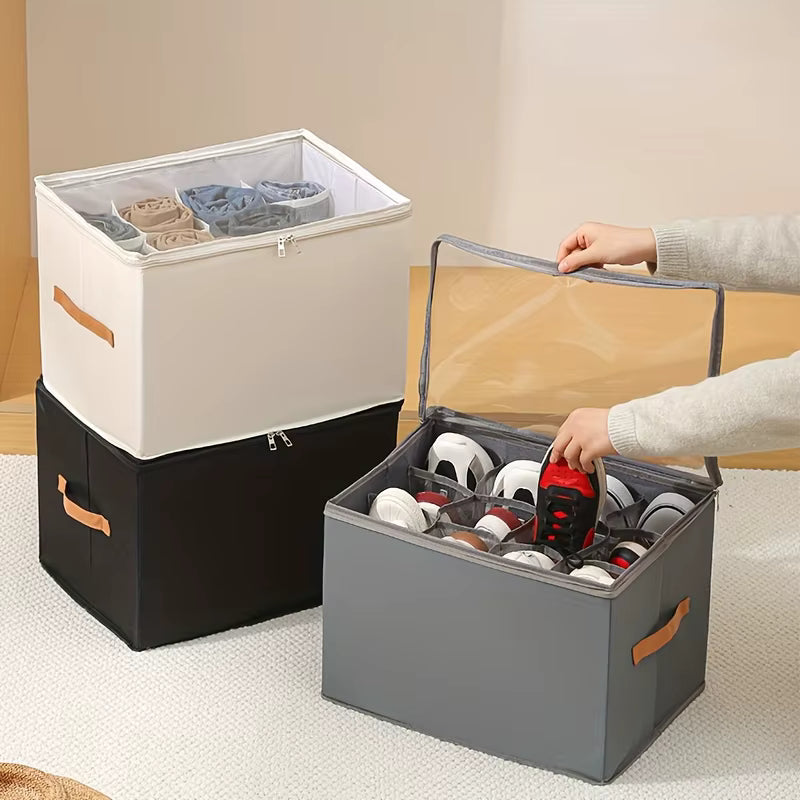Space-Saving Foldable Oxford Storage Box with Clear Lid, Stackable Shoe Organizer Box Multi-Purpose Solution for Shoes, Clothes