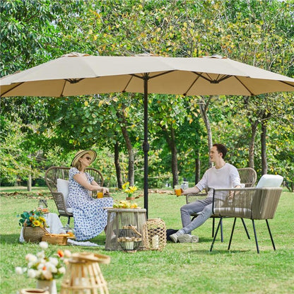 【On Sale】Yaheetech 15/13Ft Heavy Duty Canopy Double Layer Cloth Patio Umbrella with 12 Ribs Hand Crank for Easy Opening 2 Sandbags Outdoor Design for Garden Pool and Lawn