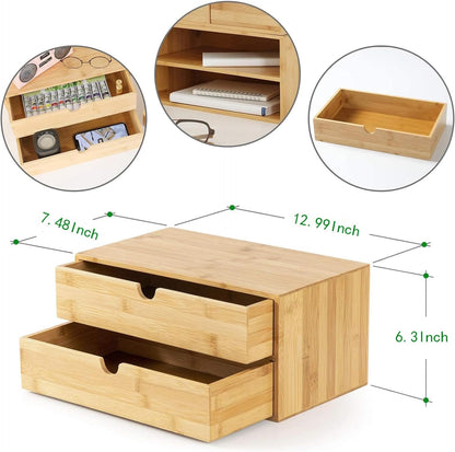 Bamboo Desk Drawer Organizer, 2 Drawer Desktop Organizer with Drawers Tabletop Storage Organization Box for Office Home Toiletries Supplies Vanity, No Assembly Required